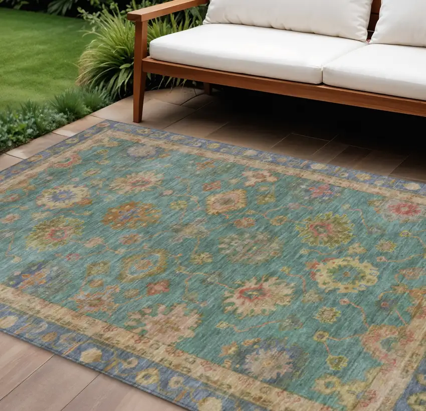 Teal Blue And Gold Floral Washable Indoor Outdoor Area Rug Photo 2