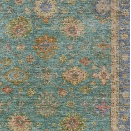 Teal Blue And Gold Floral Washable Indoor Outdoor Area Rug Photo 7