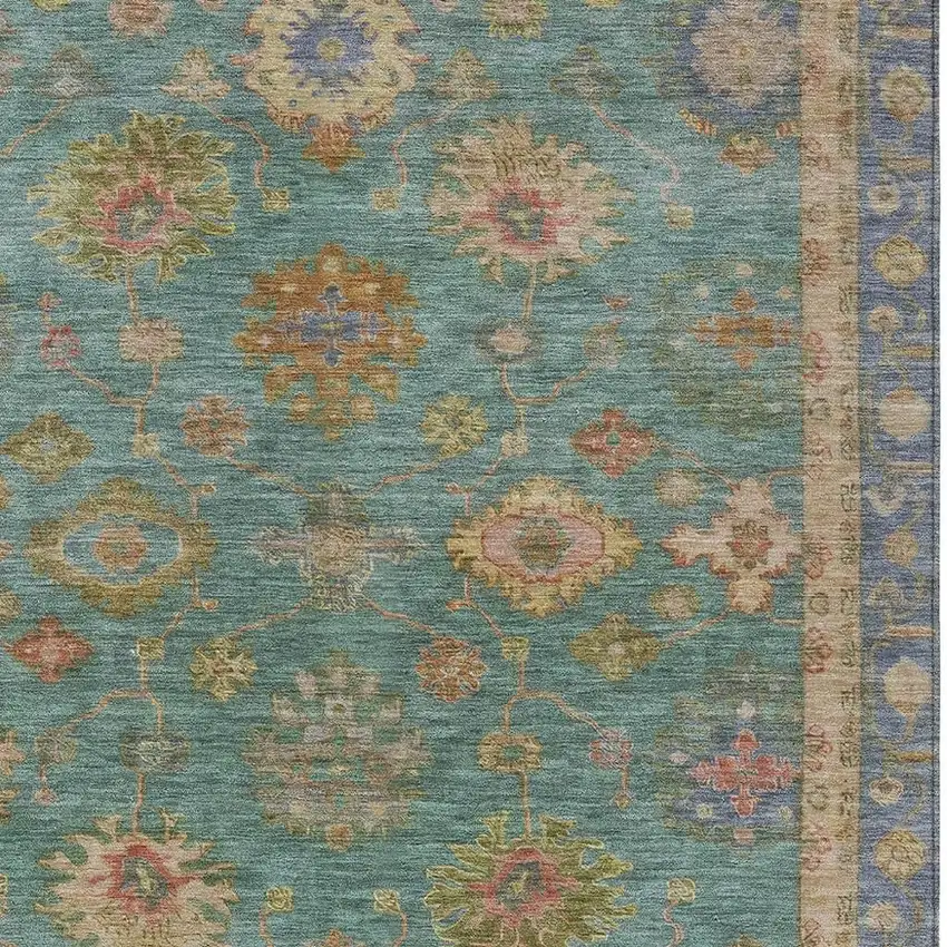 Teal Blue And Gold Floral Washable Indoor Outdoor Area Rug Photo 7