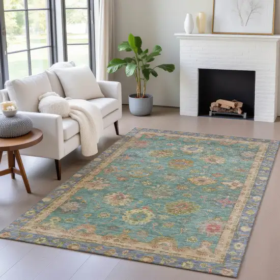 Teal Blue And Gold Floral Washable Indoor Outdoor Area Rug Photo 6