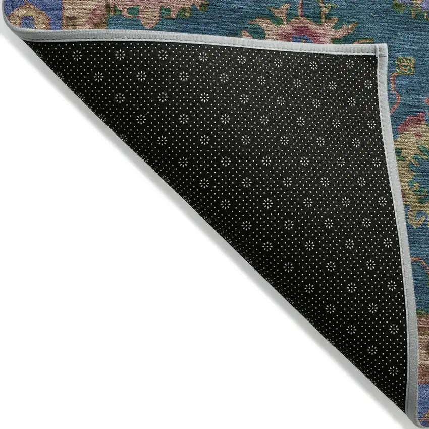 Teal Blue And Gold Floral Washable Indoor Outdoor Area Rug Photo 9
