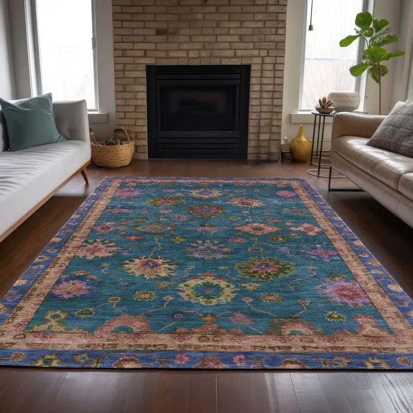 Teal Blue And Gold Floral Washable Indoor Outdoor Area Rug Photo 7