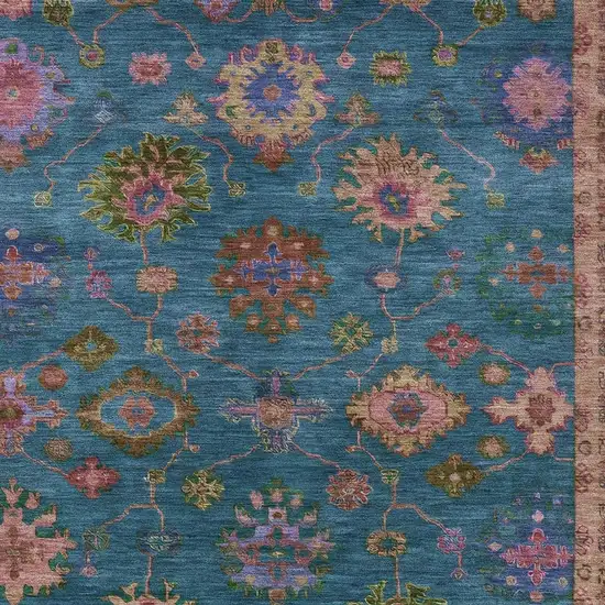 Teal Blue And Gold Floral Washable Indoor Outdoor Area Rug Photo 7