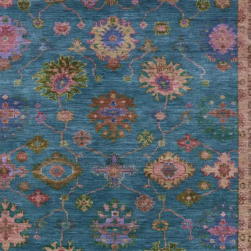 Teal Blue And Gold Floral Washable Indoor Outdoor Area Rug Photo 7