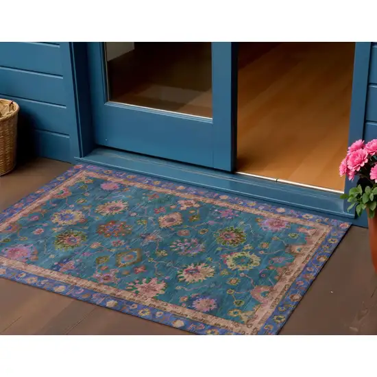 Teal Blue And Gold Floral Washable Indoor Outdoor Area Rug Photo 2