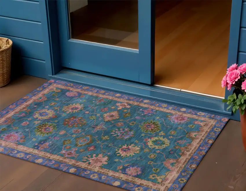 Teal Blue And Gold Floral Washable Indoor Outdoor Area Rug Photo 2