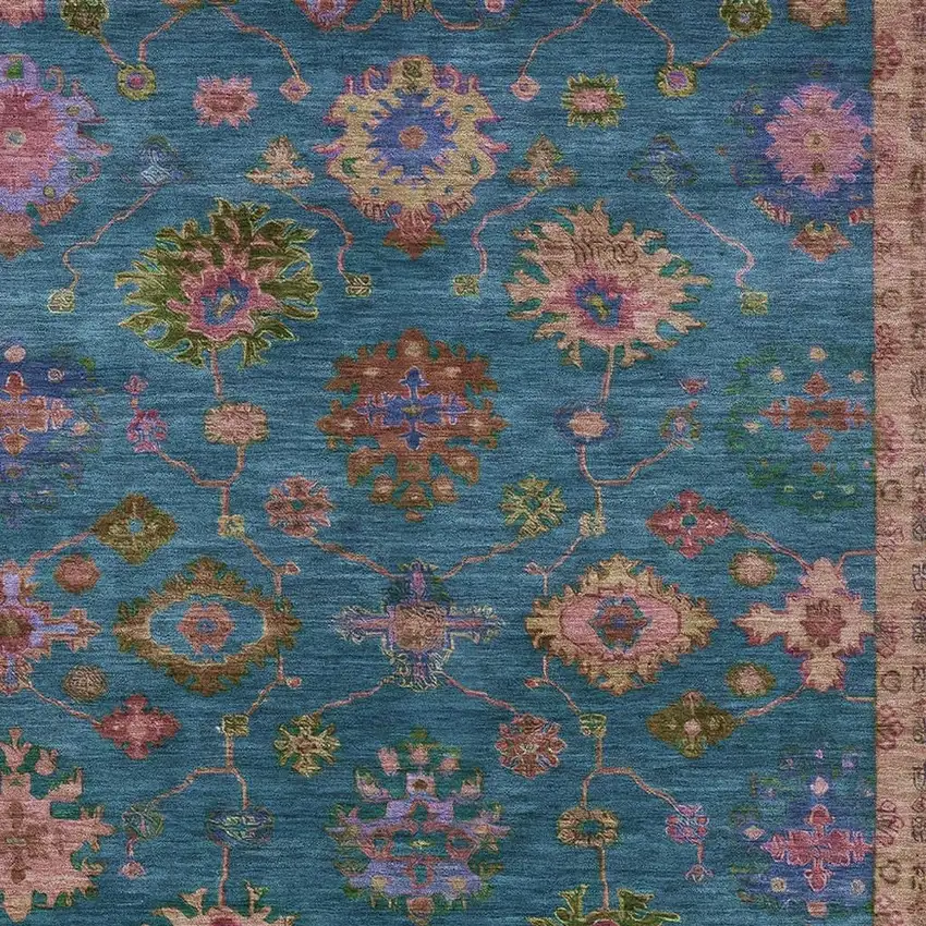 Teal Blue And Gold Floral Washable Indoor Outdoor Area Rug Photo 3