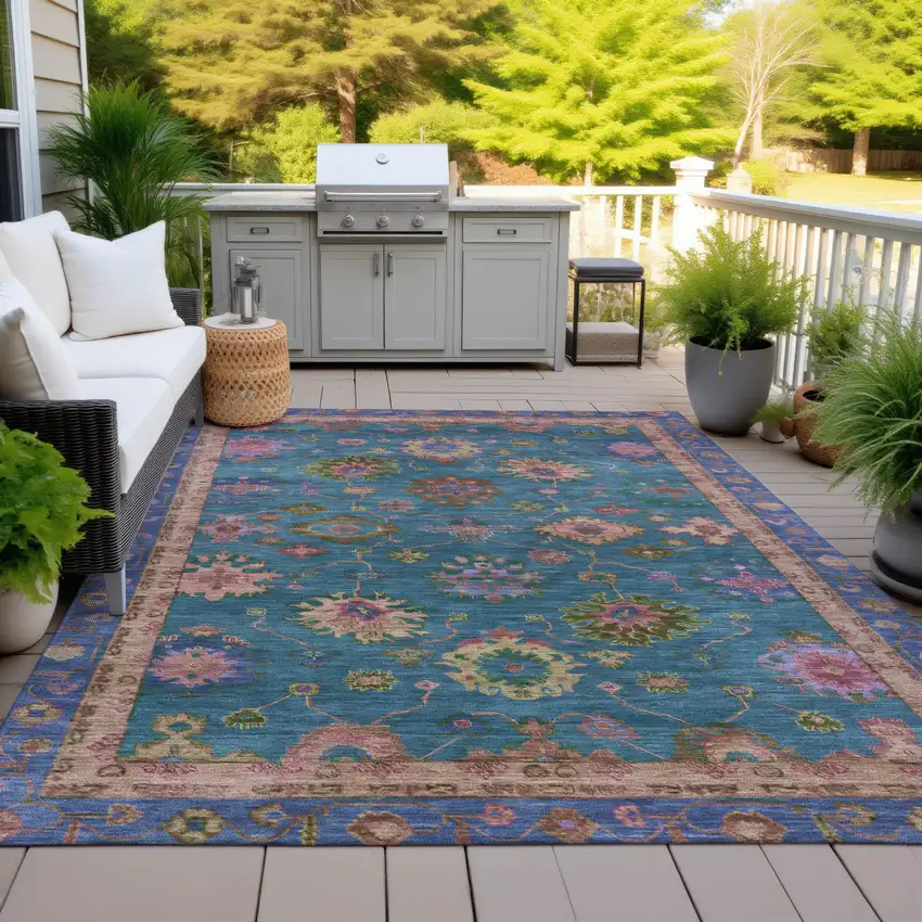 Teal Blue And Gold Floral Washable Indoor Outdoor Area Rug Photo 5