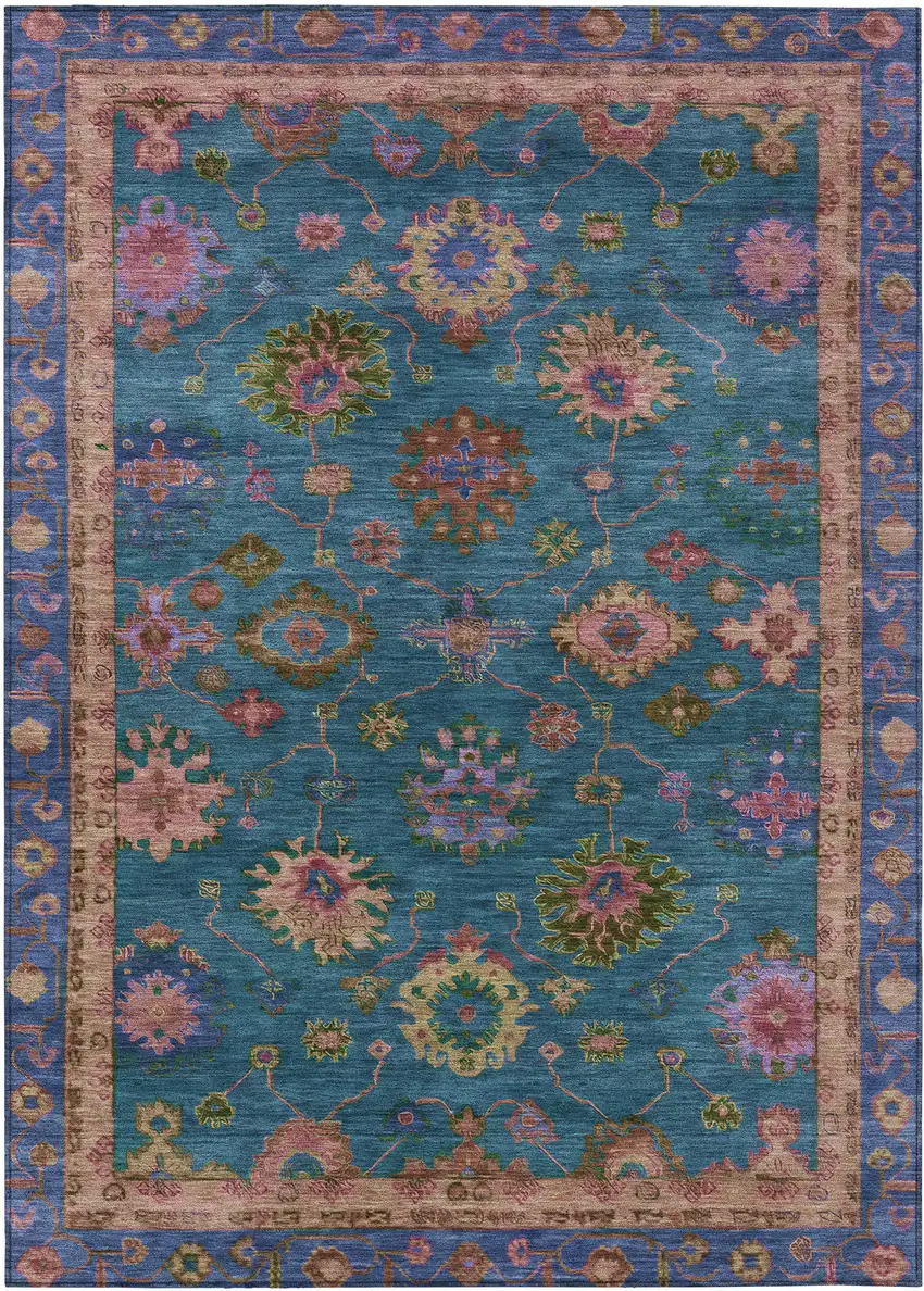 Teal Blue And Gold Floral Washable Indoor Outdoor Area Rug Photo 1