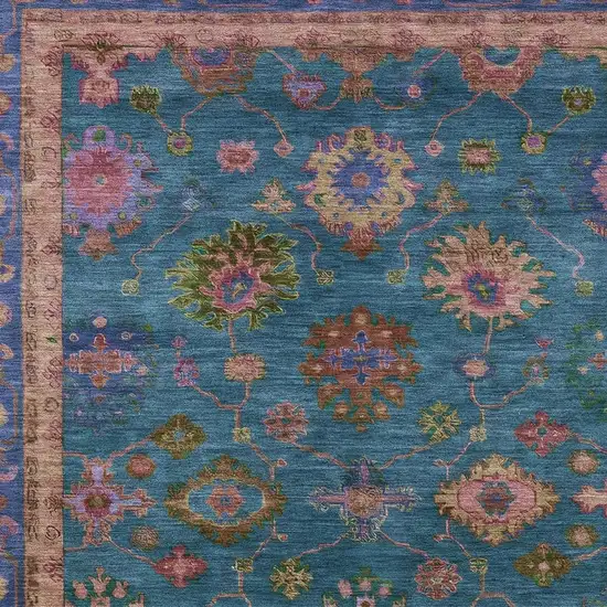 Teal Blue And Gold Floral Washable Indoor Outdoor Area Rug Photo 3