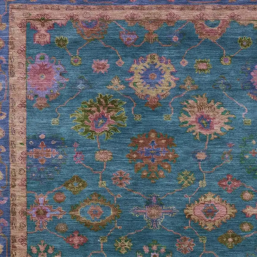 Teal Blue And Gold Floral Washable Indoor Outdoor Area Rug Photo 3