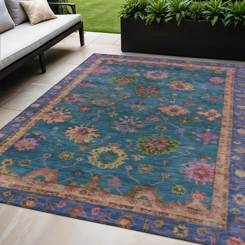Teal Blue And Gold Floral Washable Indoor Outdoor Area Rug Photo 2