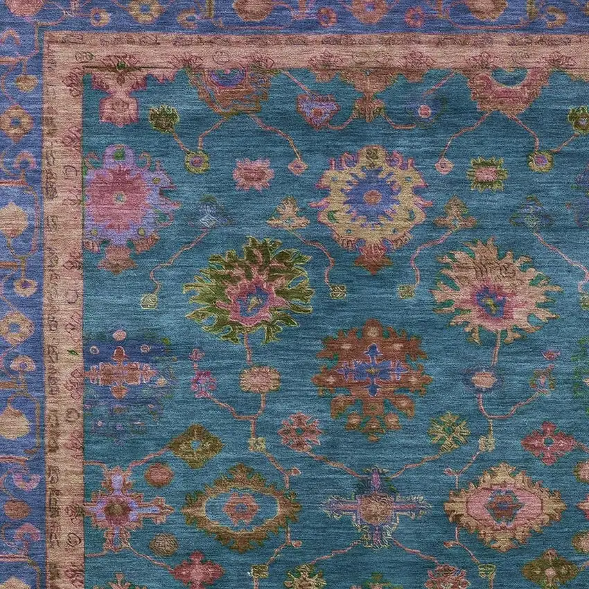Teal Blue And Gold Floral Washable Indoor Outdoor Area Rug Photo 7