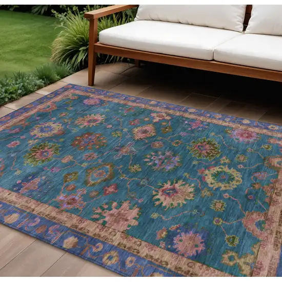 Teal Blue And Gold Floral Washable Indoor Outdoor Area Rug Photo 2