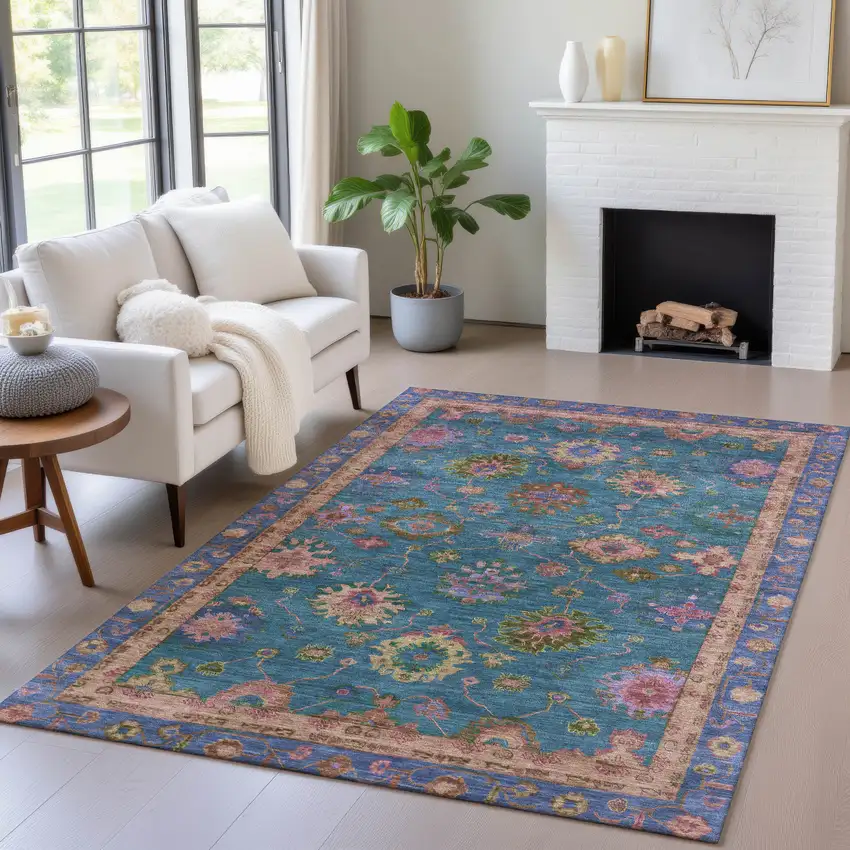 Teal Blue And Gold Floral Washable Indoor Outdoor Area Rug Photo 5