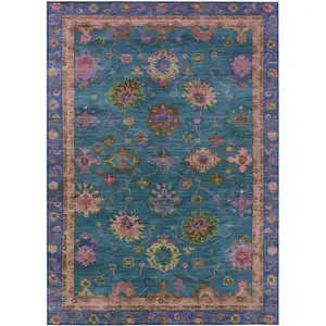 Photo of Teal Blue And Gold Floral Washable Indoor Outdoor Area Rug