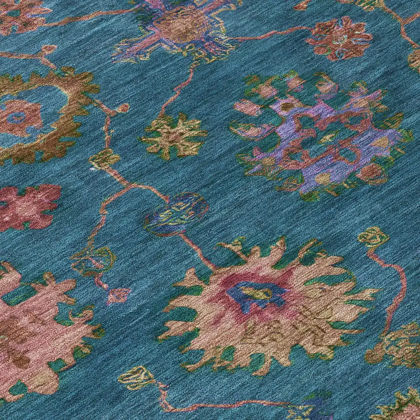 Teal Blue And Gold Floral Washable Indoor Outdoor Area Rug Photo 9
