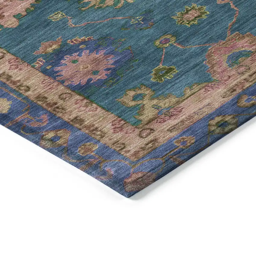 Teal Blue And Gold Floral Washable Indoor Outdoor Area Rug Photo 8