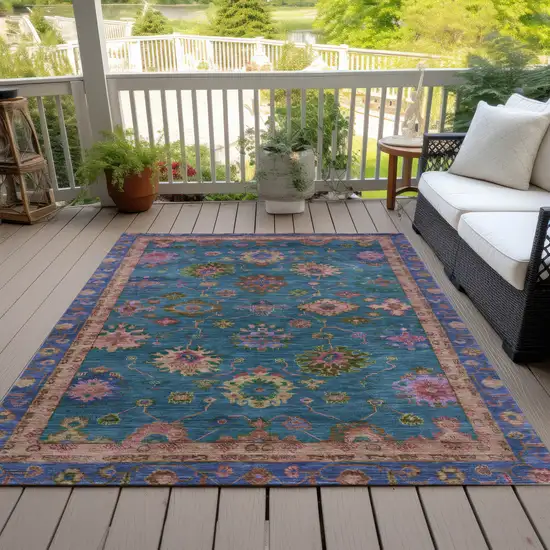 Teal Blue And Gold Floral Washable Indoor Outdoor Area Rug Photo 7