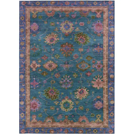 Teal Blue And Gold Floral Washable Indoor Outdoor Area Rug Photo 3
