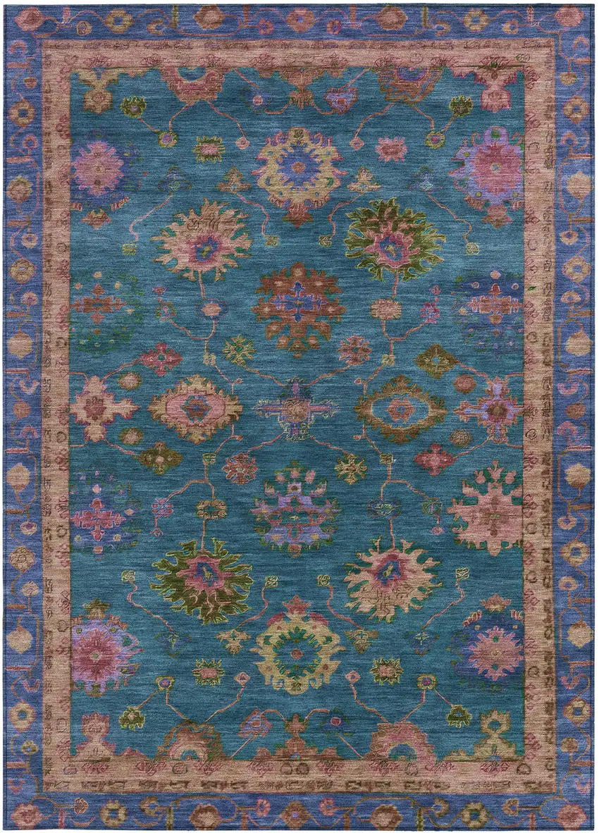 Teal Blue And Gold Floral Washable Indoor Outdoor Area Rug Photo 3