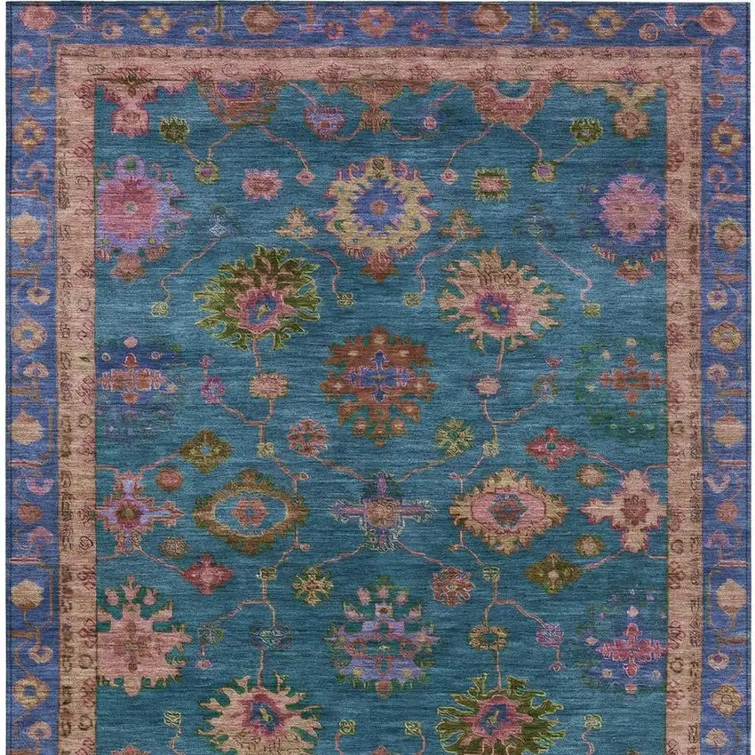 Teal Blue And Gold Floral Washable Indoor Outdoor Area Rug Photo 4