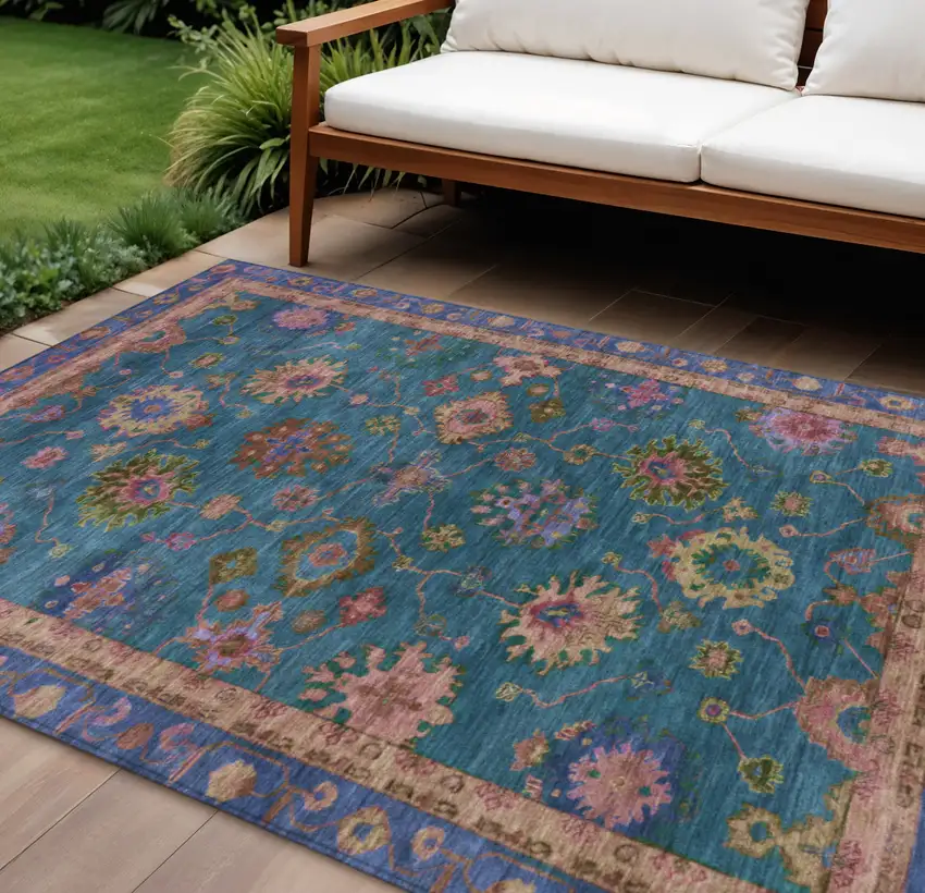 Teal Blue And Gold Floral Washable Indoor Outdoor Area Rug Photo 2