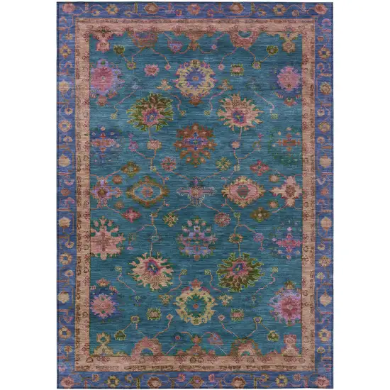 Teal Blue And Gold Floral Washable Indoor Outdoor Area Rug Photo 1