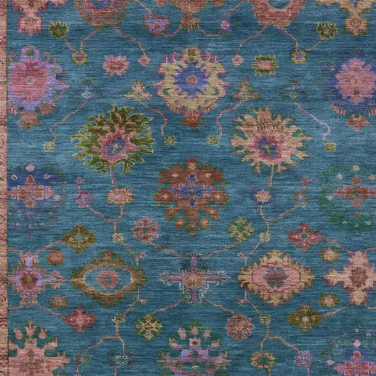 Teal Blue And Gold Floral Washable Indoor Outdoor Area Rug Photo 3