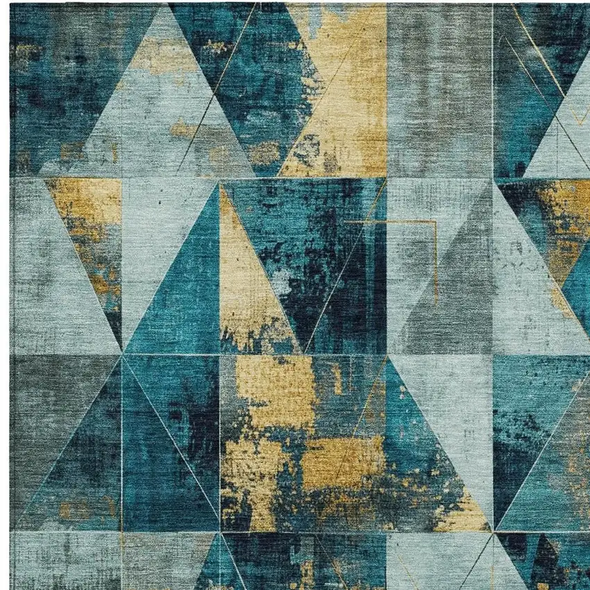 Teal Blue And Gold Geometric Washable Indoor Outdoor Area Rug Photo 4