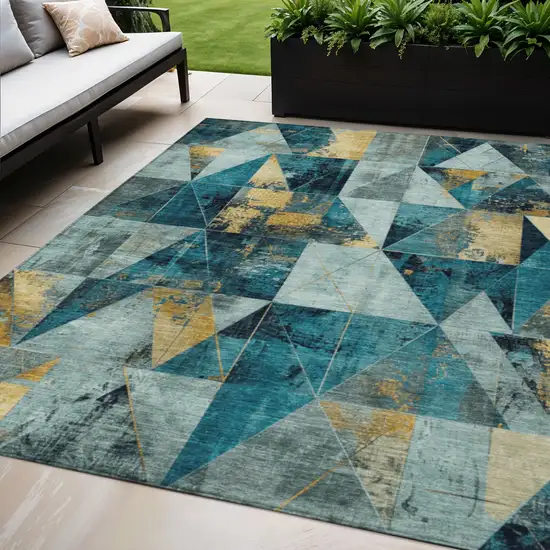 Teal Blue And Gold Geometric Washable Indoor Outdoor Area Rug Photo 2