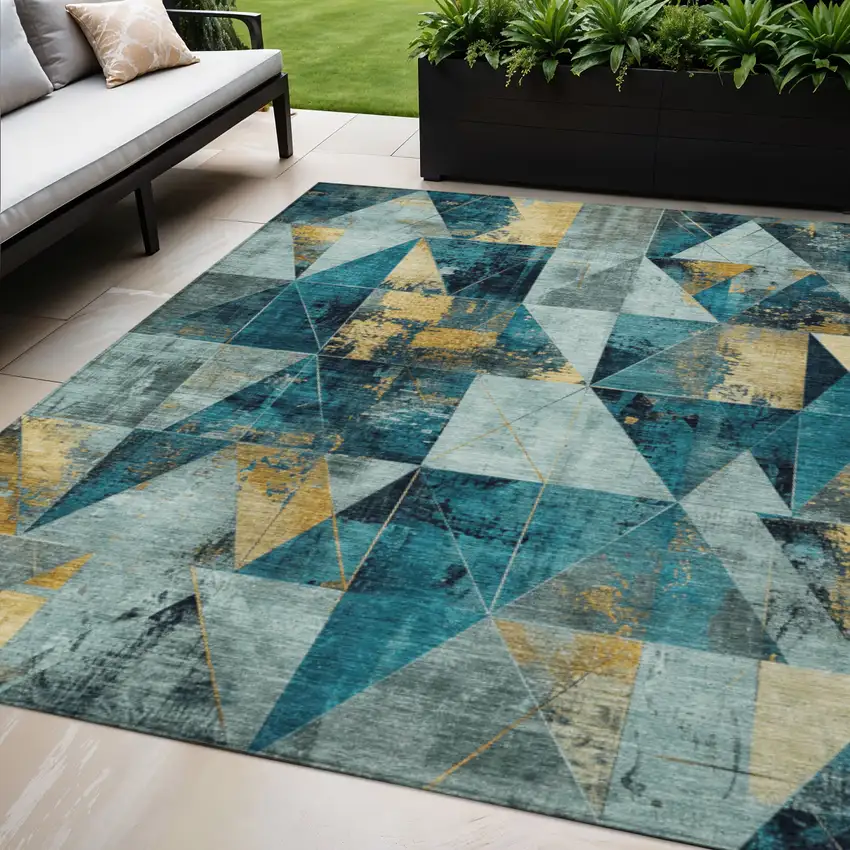 Teal Blue And Gold Geometric Washable Indoor Outdoor Area Rug Photo 2