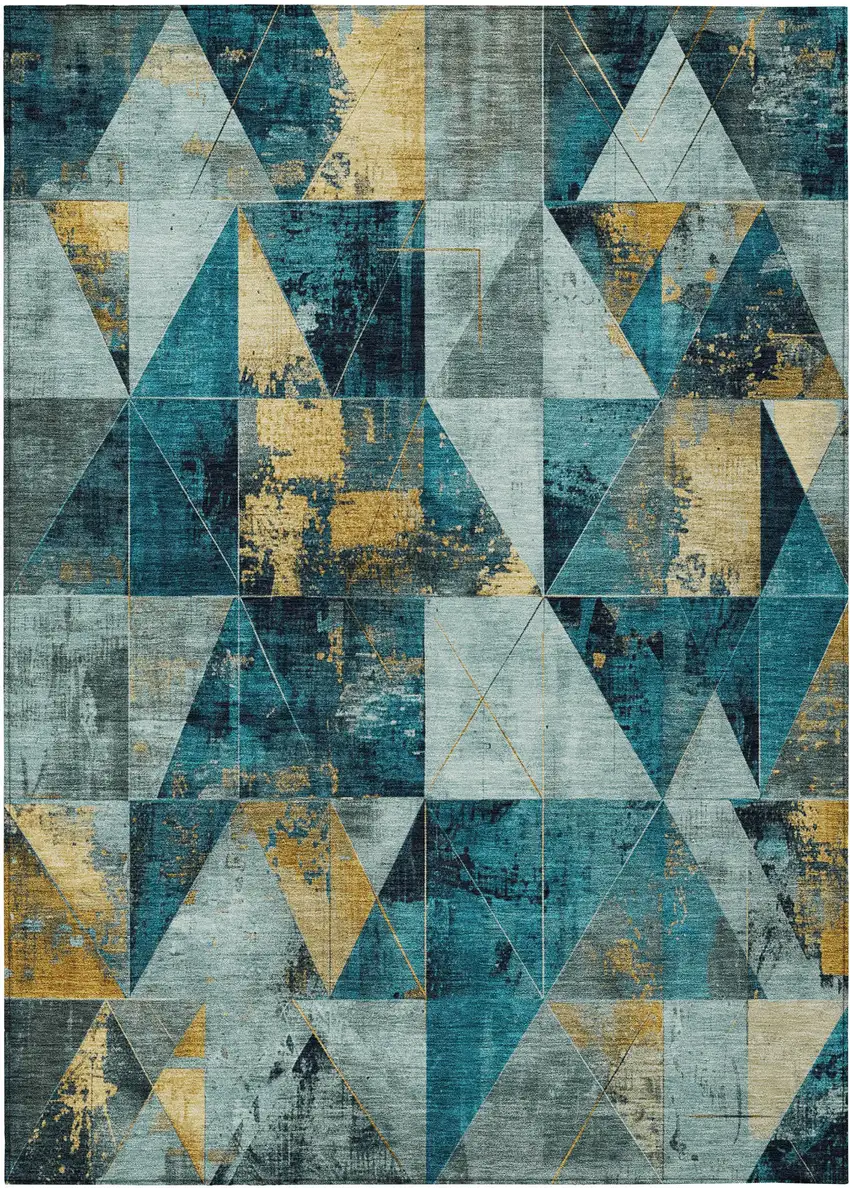 Teal Blue And Gold Geometric Washable Indoor Outdoor Area Rug Photo 1