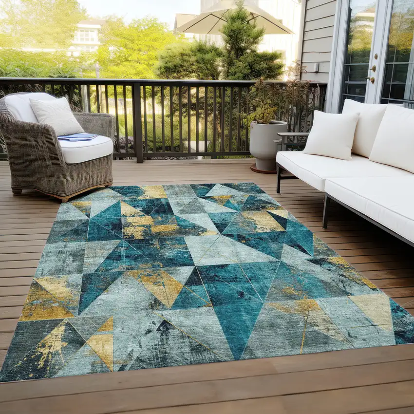 Teal Blue And Gold Geometric Washable Indoor Outdoor Area Rug Photo 8