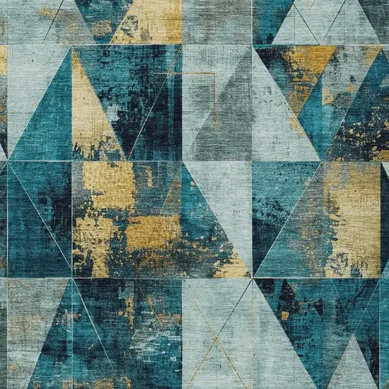 Teal Blue And Gold Geometric Washable Indoor Outdoor Area Rug Photo 4