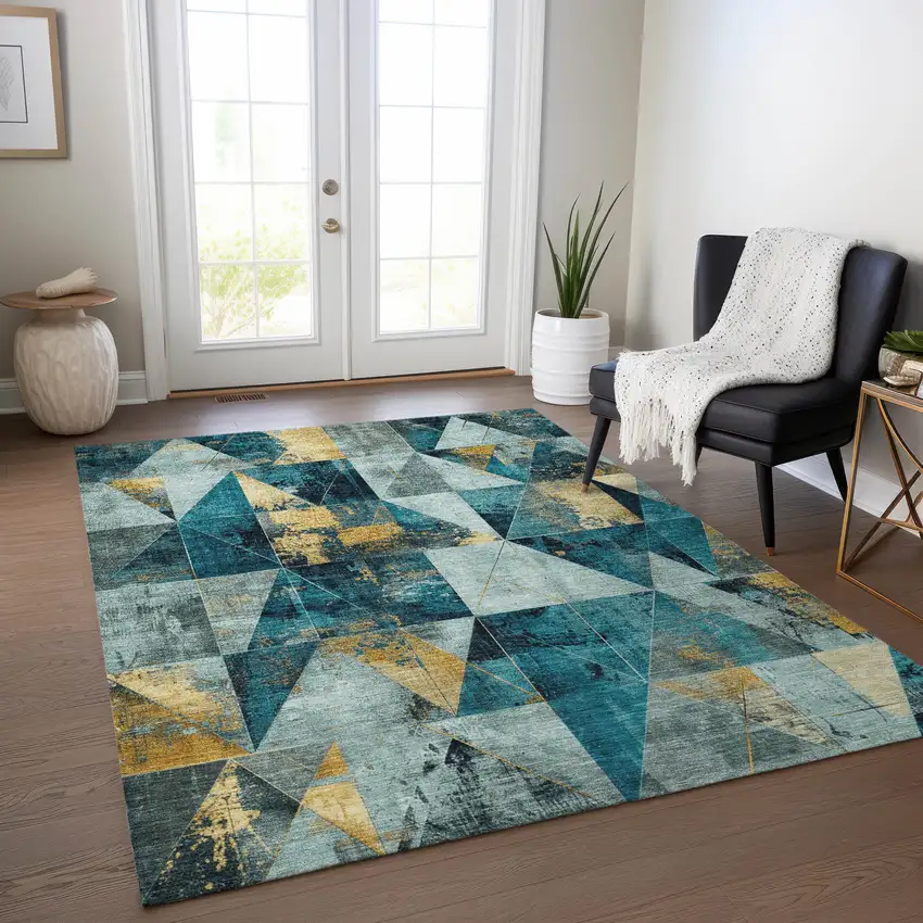 Teal Blue And Gold Geometric Washable Indoor Outdoor Area Rug Photo 6