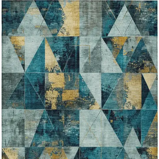 Teal Blue And Gold Geometric Washable Indoor Outdoor Area Rug Photo 3