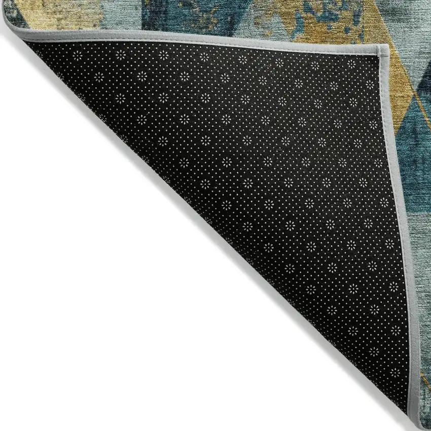 Teal Blue And Gold Geometric Washable Indoor Outdoor Area Rug Photo 9