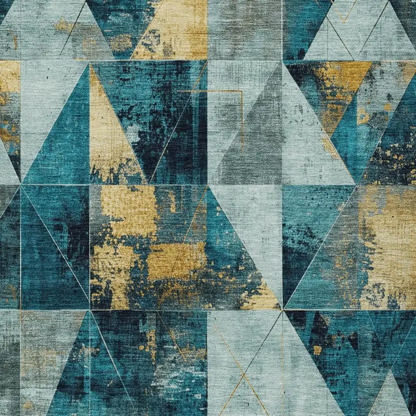 Teal Blue And Gold Geometric Washable Indoor Outdoor Area Rug Photo 8