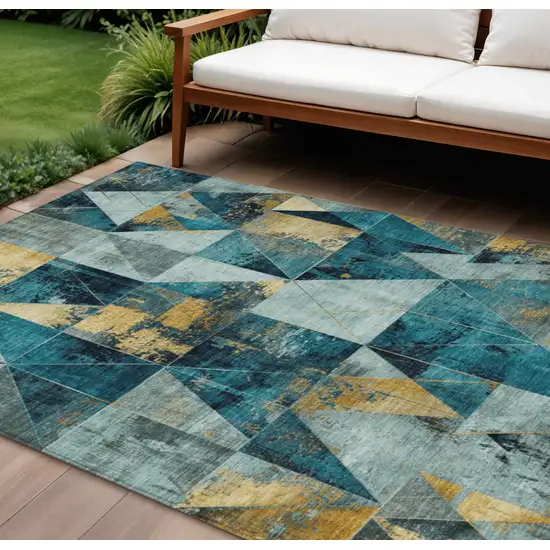 Teal Blue And Gold Geometric Washable Indoor Outdoor Area Rug Photo 2