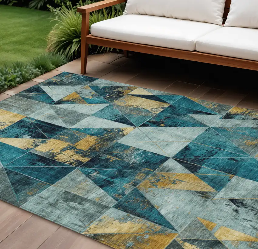 Teal Blue And Gold Geometric Washable Indoor Outdoor Area Rug Photo 2