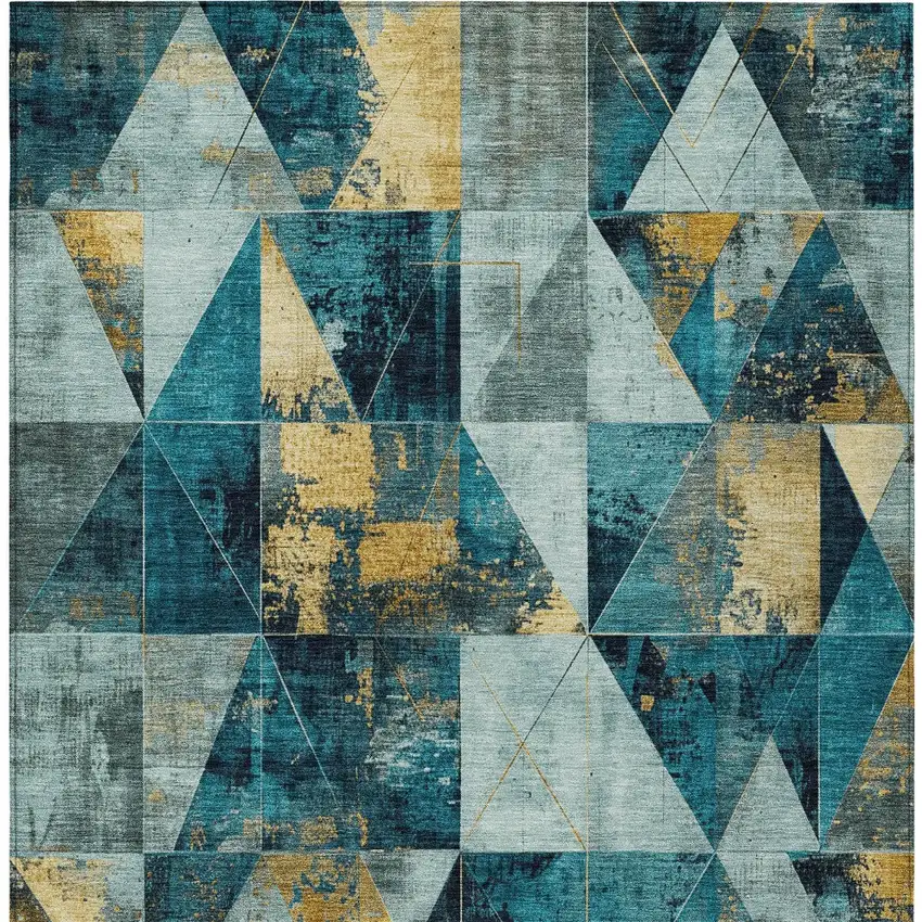 Teal Blue And Gold Geometric Washable Indoor Outdoor Area Rug Photo 6