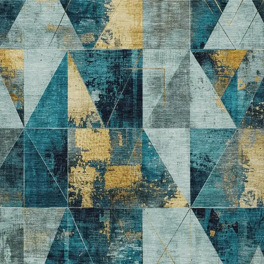 Teal Blue And Gold Geometric Washable Indoor Outdoor Area Rug Photo 3