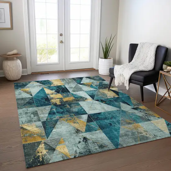 Teal Blue And Gold Geometric Washable Indoor Outdoor Area Rug Photo 6