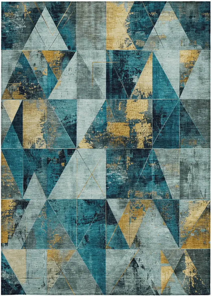 Teal Blue And Gold Geometric Washable Indoor Outdoor Area Rug Photo 4