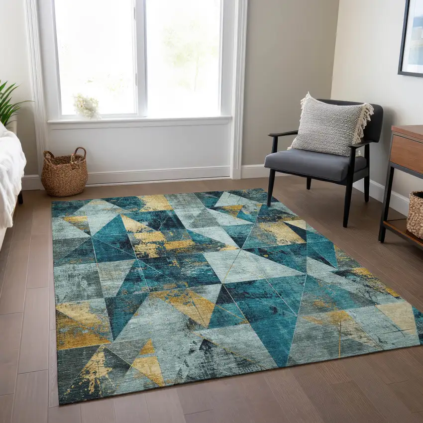Teal Blue And Gold Geometric Washable Indoor Outdoor Area Rug Photo 7