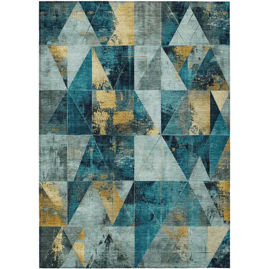 Teal Blue And Gold Geometric Washable Indoor Outdoor Area Rug Photo 1