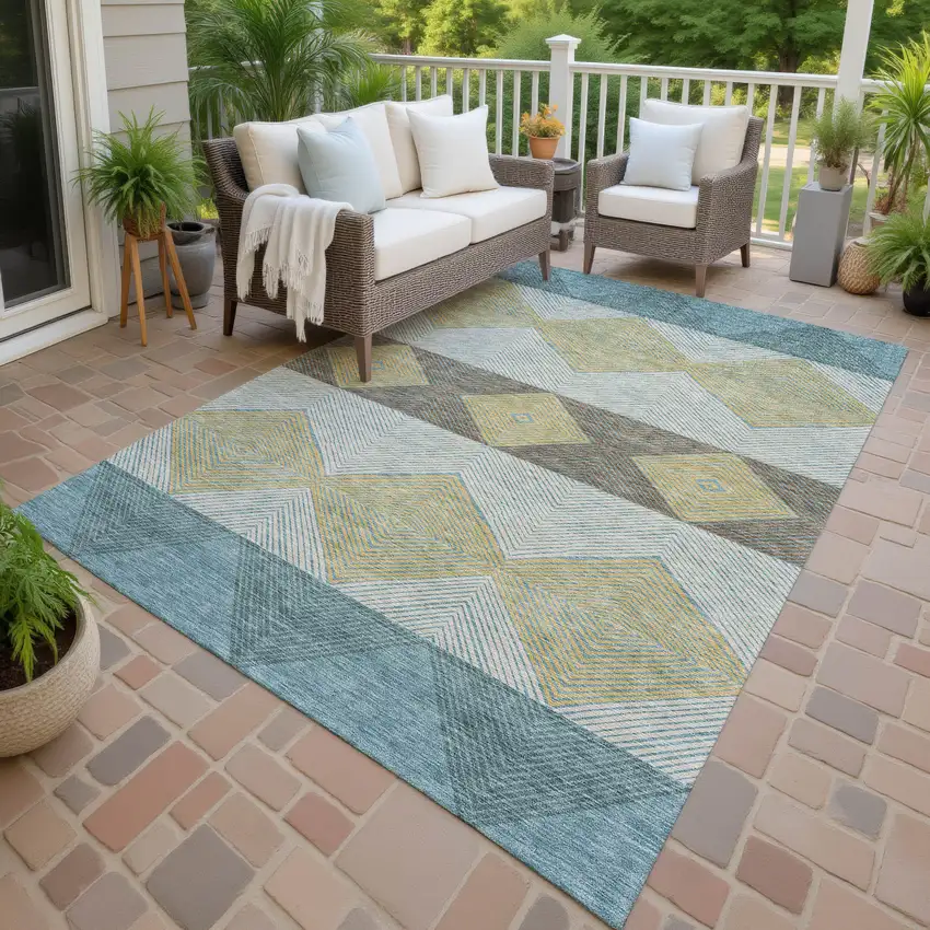 Teal Blue And Gold Geometric Washable Indoor Outdoor Area Rug Photo 4