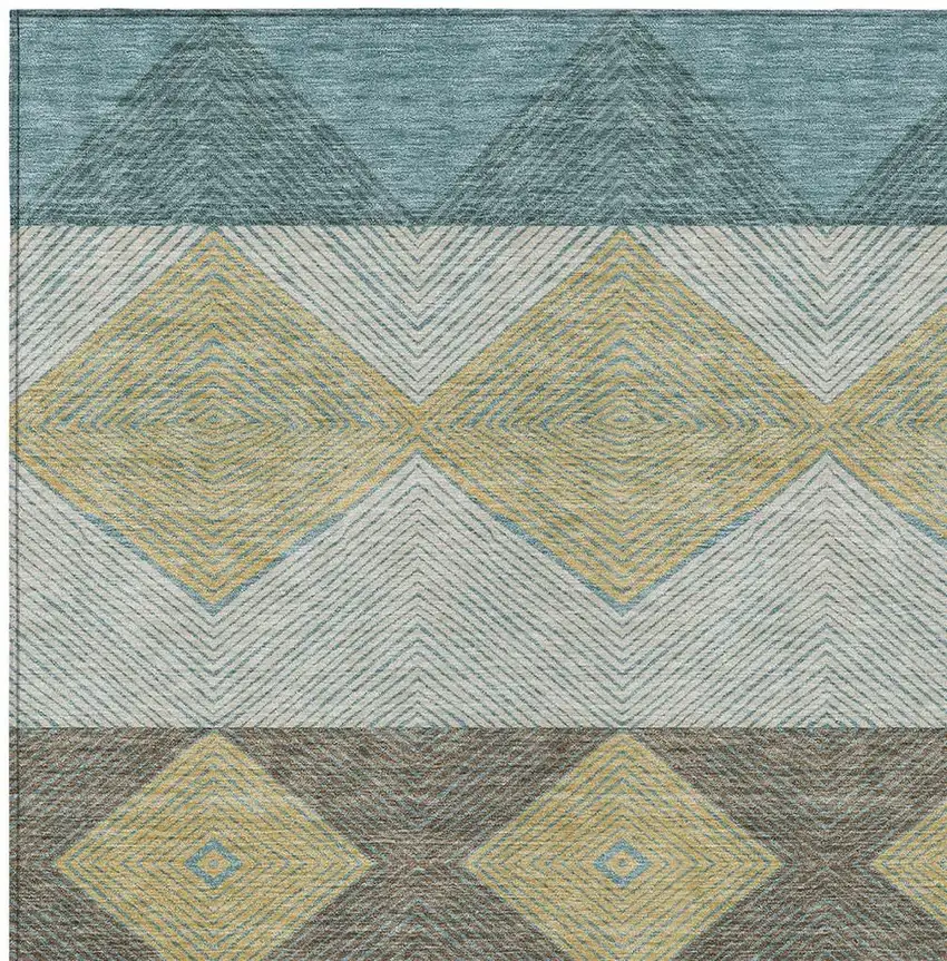 Teal Blue And Gold Geometric Washable Indoor Outdoor Area Rug Photo 2