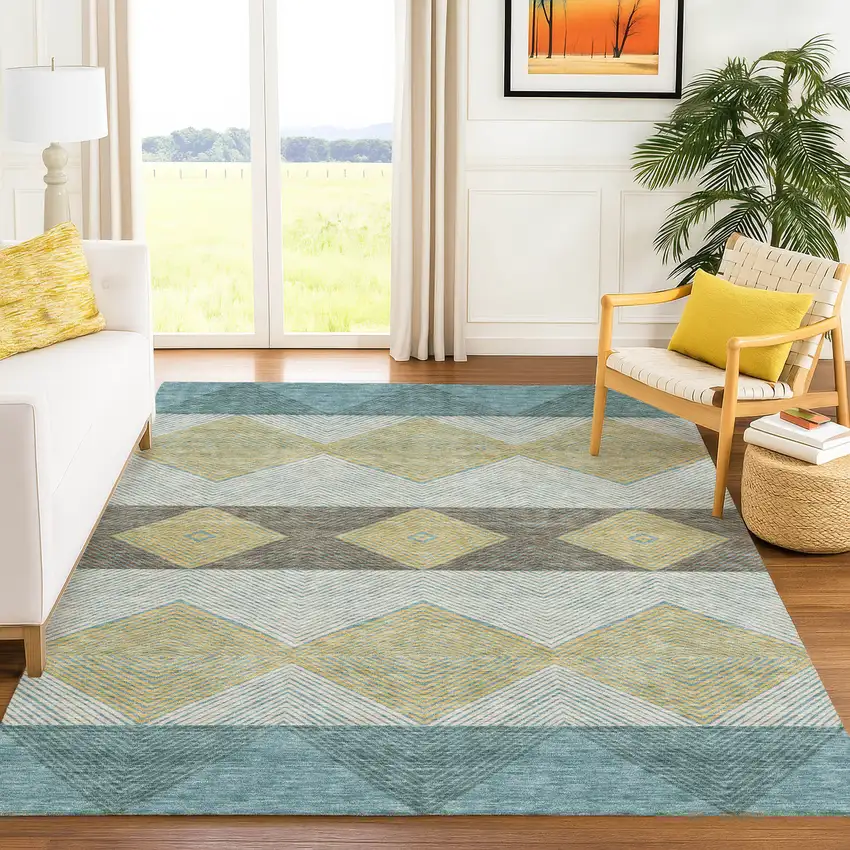 Teal Blue And Gold Geometric Washable Indoor Outdoor Area Rug Photo 6